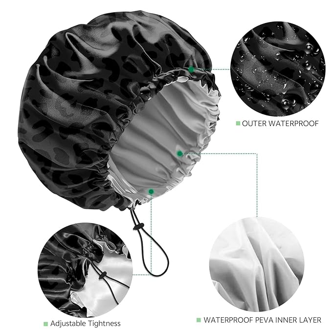 2 PCS Shower Cap Waterproof Double Layer Elastic Adjustable Reusable Hair Bath Caps for Girls Women Cute Aesthetic-Black