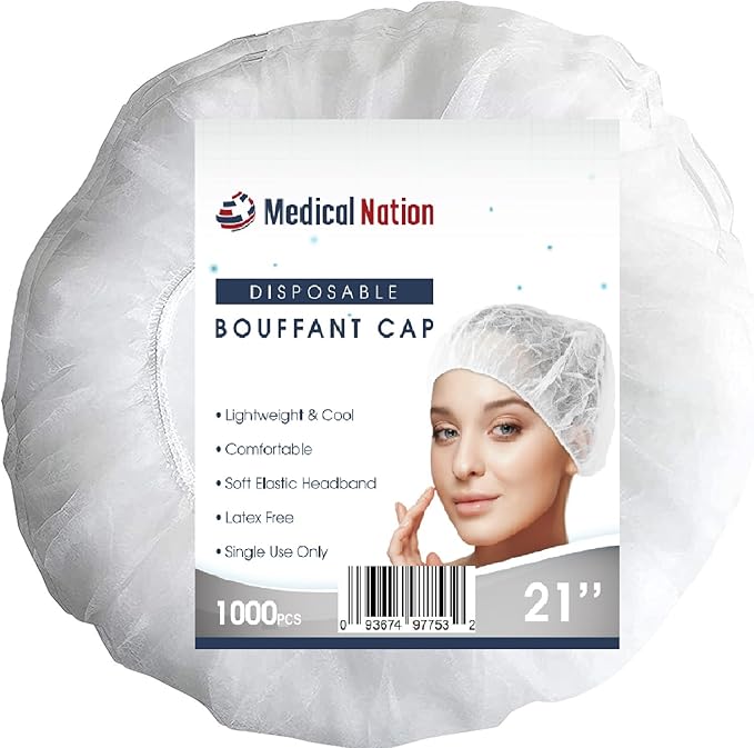 Medical Nation 21" Disposable Bouffant Caps |CASE of 1000, White| Hairnets, Non-Woven, Non-Pleated Head Hair Covers |for Medical, Labs, Nurse, Tattoo, Food Service, Hospital, Cooking - Size 21" White