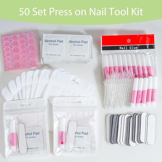 Press On Nail Tool Kit with Everything, Bebbtiy Press On Nail Prep Tool Kit Disposable Manicure Kit with Nail File, Nail Glue, Prep Pads, Adhesive Nail Tabs, Wood Stick, Packaging Bag (50pcs-white)