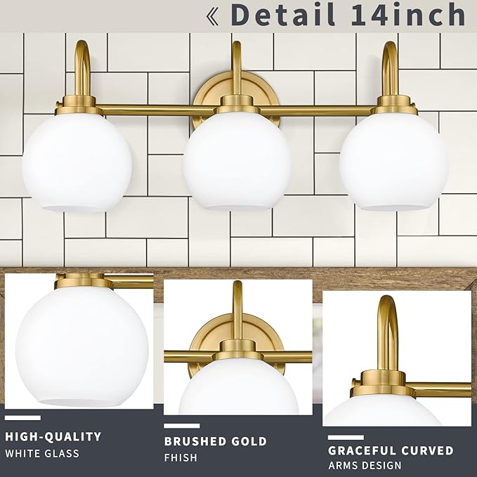 AKEZON Bathroom Light Fixtures 3-Light Brushed Gold Vanity Light, Modern Bathroom Wall Sconce with Milky White Frosted Glass Shade for Mirror Bedroom Hallway