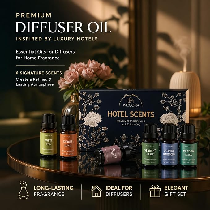 Premium Hotel Fragrance Oil Collection for Diffusers, Essential Oils for Diffusers for Home, Hotel Diffuser Fragrance Oils,Spa & Candle Making, White Tea, Citrus Luxe, Velvet Night and More - 6x10ml