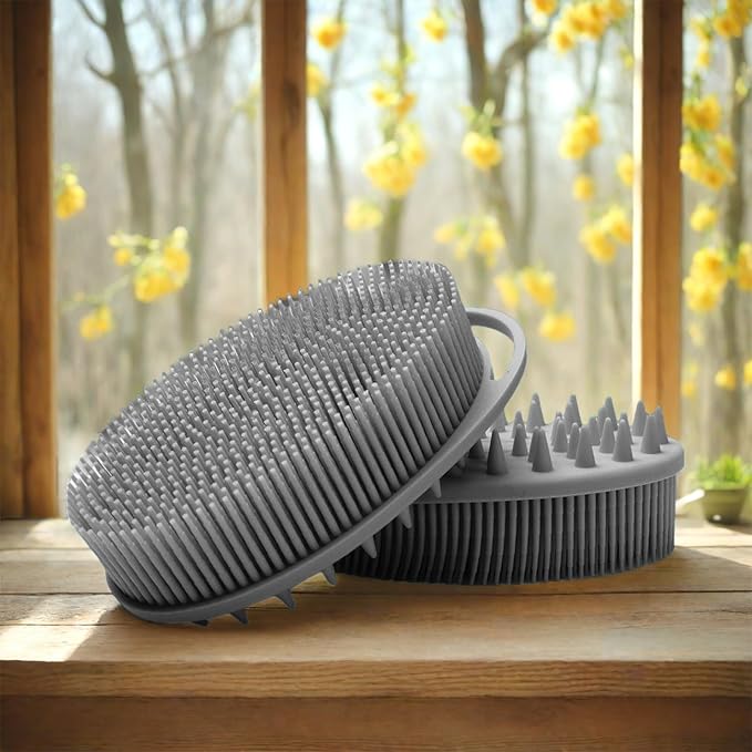 RamPula Silicone Body Scrubber, Silicone Loofah, Quick-Dry Exfoliating Body Brush for Wet or Dry Brushing, More Hygienic Than Traditional Loofah, Long-Bristle Brush, Black and Grey
