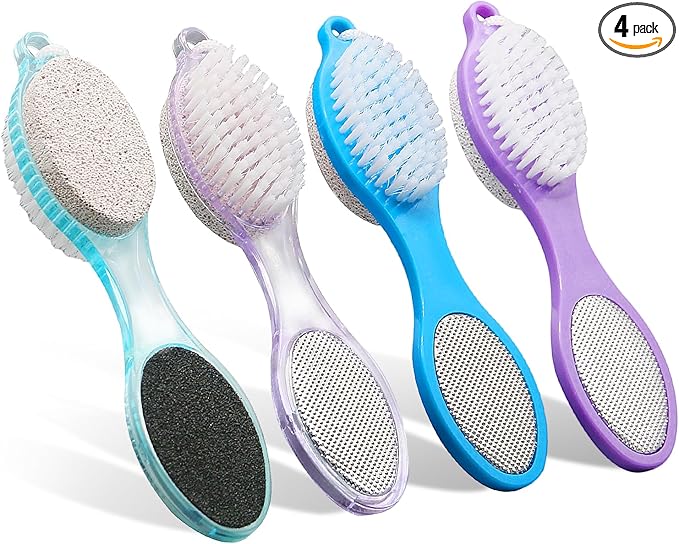 4-Pack 4 in 1 Pedicure Tool Callus Remover - Foot Scrubber with Pumice Stone, Cleaning Brush, Metal Rasp & Sandpaper for Dead Skin and Shower (Purple and Blue)