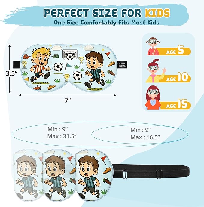 Kids Sleep Mask – 100% Mulberry Silk Eye Mask with Adjustable Strap, Soft Light Blocking Sleeping Mask for Children, Cute Printed Eye Cover for Boys Girls Ages 5-15 (Soccer Style)