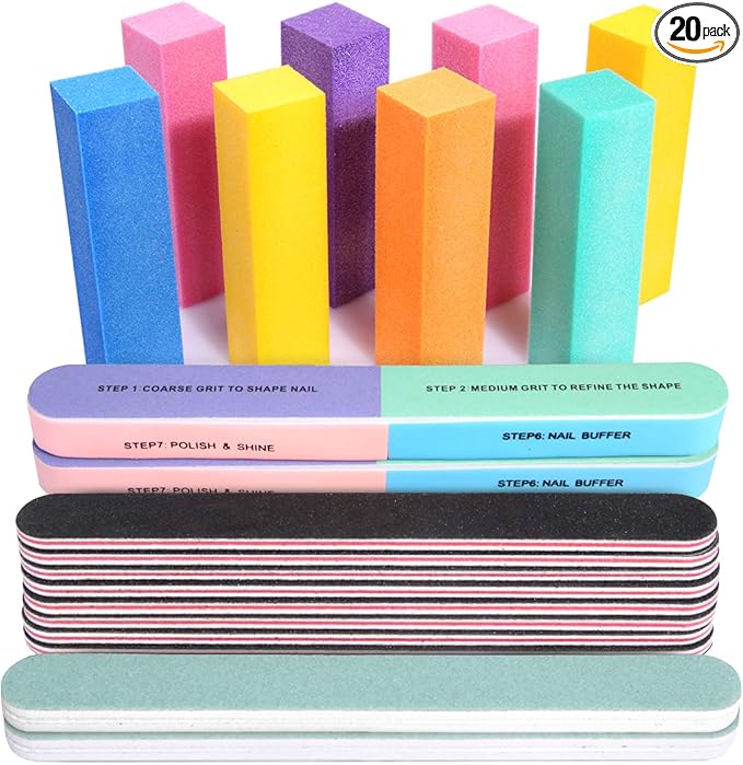 FANDAMEI Nail Files and Buffers, 20PCS Nail File Kit. Rectangular Nail Buffer Block & 100/180 Grit 7 Way Nail File & Polishing Buffer. Nail Prep Kit. Professional Manicure Nail Tools