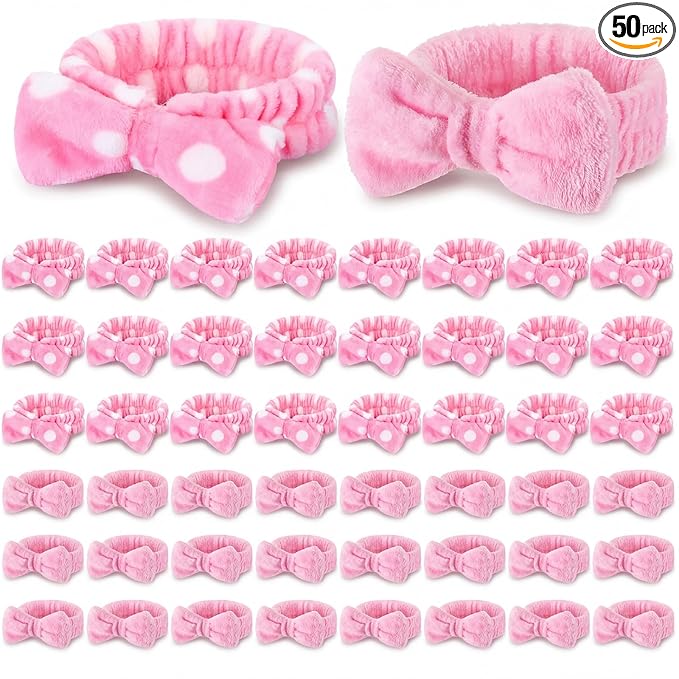 50 Pcs Pink Spa Headband Bulk Spa Sleepover Party Supplies for Washing Face with Removable Bow Makeup Elastic Bowknot Headband for Women Gifts Skincare Microfiber Hairband (Classic Style)