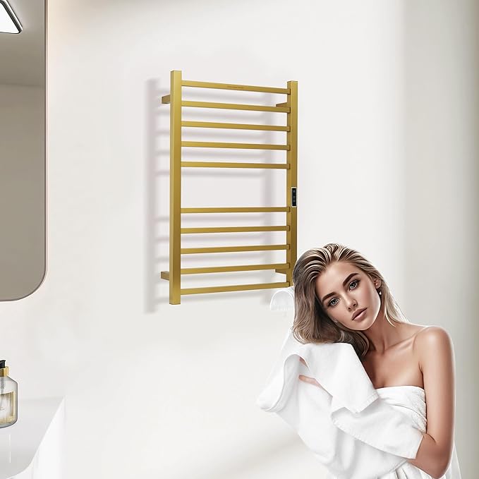 Heated Towel Racks for Bathroom, Wall Mounted Electric Towel Warmer Racks with Timer & Temperature Control, 10 Bar Stainless Steel Towel Heater for Bathroom, Brushed Gold, Plug-in