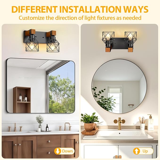 2-Light Farmhouse Bathroom Light Fixtures Over Mirror, Rustic Wood Vanity Lights for Bathroom, Vintage Black Sconces Wall Lighting with Metal Shade for Living Room, Cabinet, Hallway