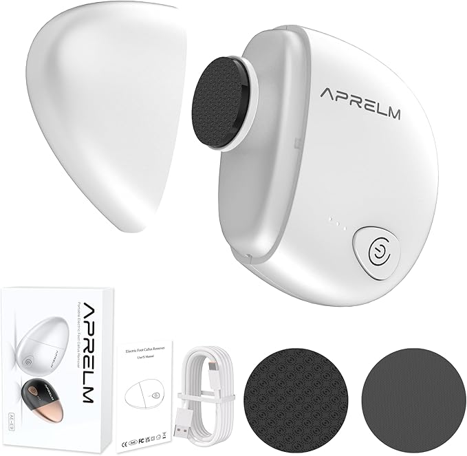 AprElm Portable Electric Hand & Foot Callus Remover with 2 Glass Grinding Heads, Rechargeable 800RPM Mini Electric Hand & Foot File for Travel Outdoors Climbers Gym Athletes (E9 Pearl White)