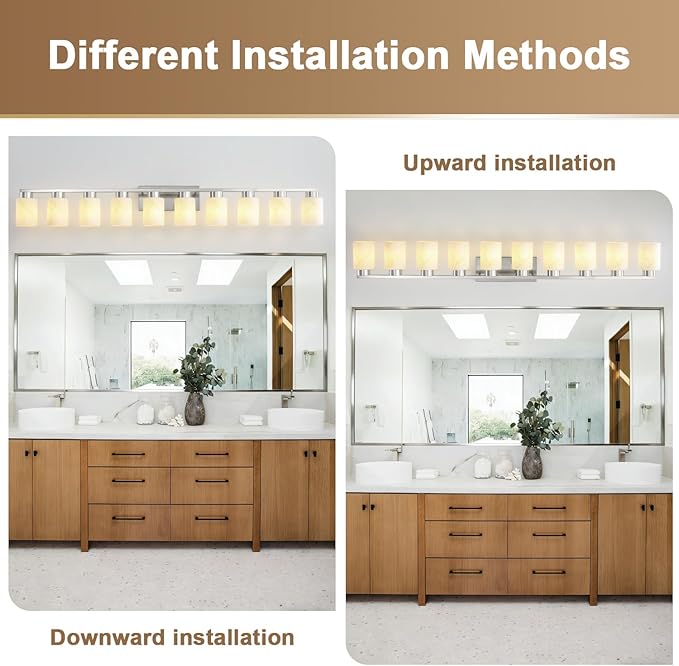 10-Light Bathroom Light Fixtures, Modern Vanity Lights, Brushed Nickel Metal Wall Lamp with White Marble Glass for Bathroom, Mirror, Living Room, Bedroom, Cabinet, Porch, Hallway, E26 Base