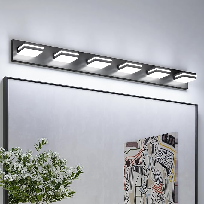 VOLISUN Modern Bathroom Vanity Light Fixtures (6-Light, 48-Inch), Matte Black LED Bathroom Lighting Fixtures Over Mirror, 360°Rotatable Head, LED Vanity Lights for Bathroom (Cool White 6000K)