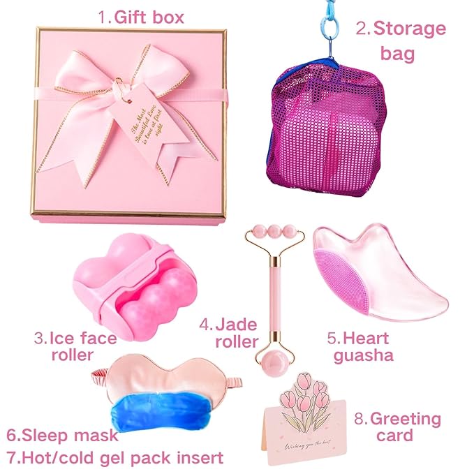 Mothers Day Skincare Tool Gifts Set for Her, Women, Daughter, Mom, Teen Girls - Gua Sha & Jade Roller, ice roller for face, Self Care Gifts Set, Eye Mask, with Greeting Card, Girlfriend Birthday Gift