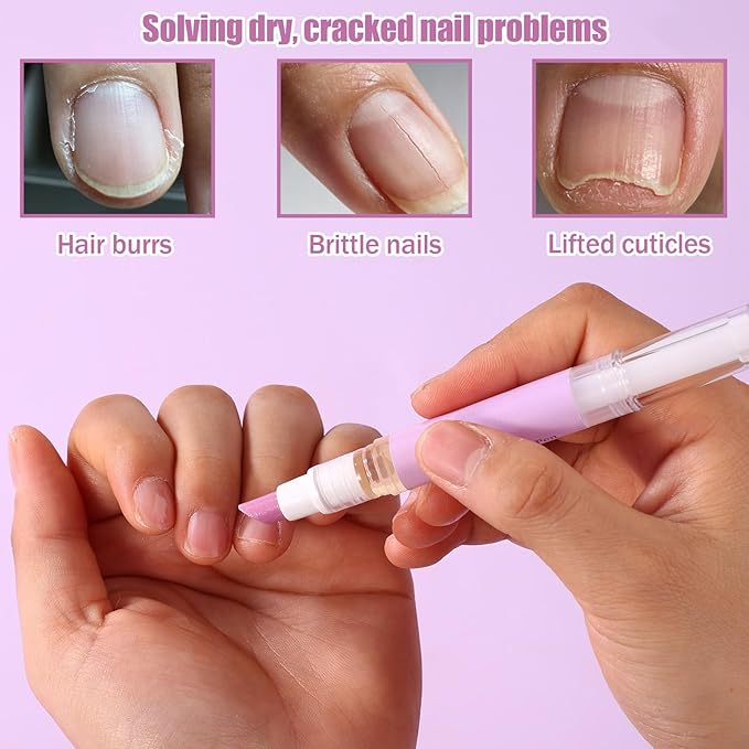 2pcs 2 in 1 Cuticle Oil Pusher Pen, Portable Ceramic Cuticle Remover Pusher with Oil for Dry & Damaged Nails Cracked Cuticles Hangnail Moisturize Strengthen & Brighten Nails Care Tool (Purple)