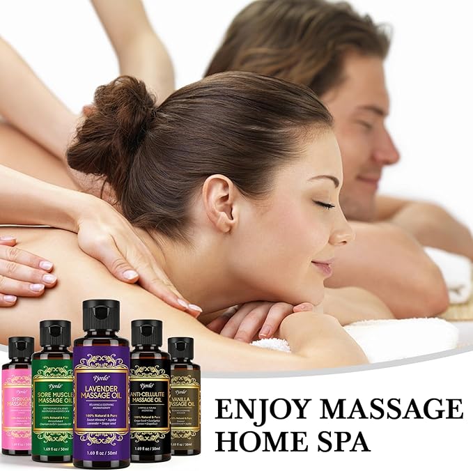 Pjordo 5 Pack Massage Oil for Massage Therapy, Lavender, Vanilla, Sore Muscle, Syringa & Anti Cellulite Massage Oil Kit for Relaxing Muscle & Soothing The Body, Mothers Day Gifts for Women