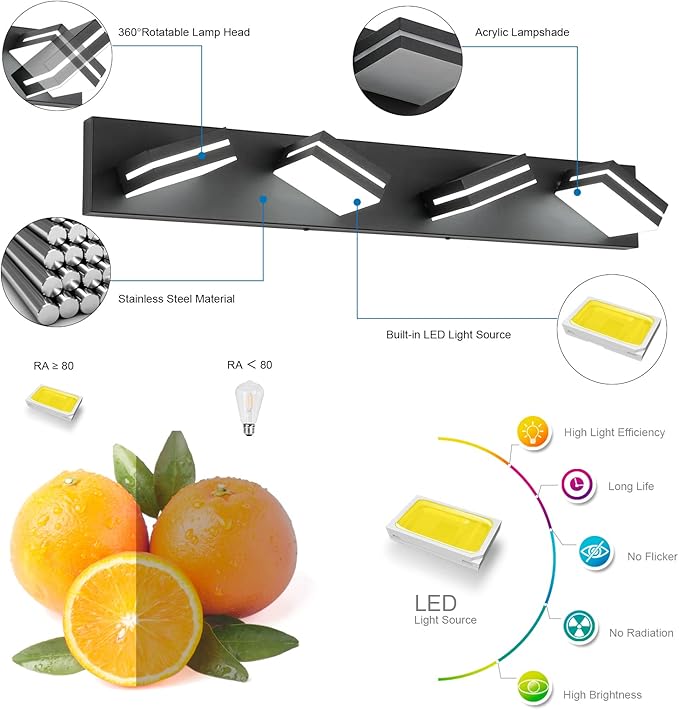 SineRise LED Modern Bathroom Vanity Light Fixtures (4-Light, 30-Inch), Matte Black Modern Acrylic Bathroom Wall Lighting Fixtures Over Mirror (Cool White 6000K)