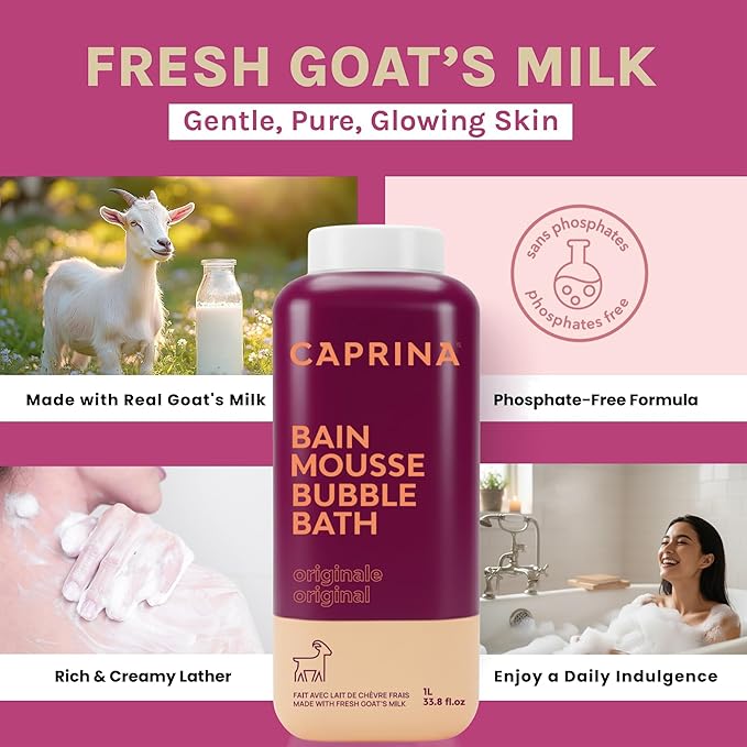 Caprina Fresh Goat’s Milk Bubble Bath, 1L, Hydrating Relaxing Foam Bath, Moisturizing and Gentle on Skin, Made in Canada (Original)