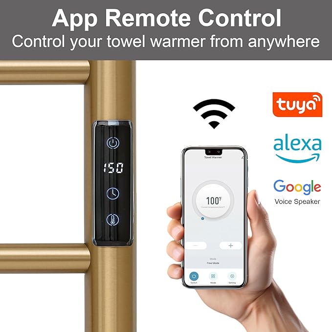 Electric Towel Rack with Voice Control for Alexa & Google Home,TUYA-Wall-Mounted Bathroom Heating Towel Warmer,Plug-in,26.77x20.47x4.39in,Stainless Steel Material,Gold，6 Bars