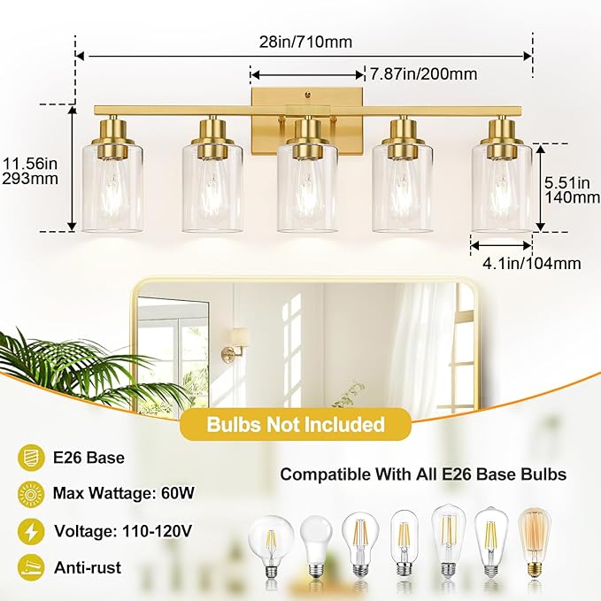 Indoi 5-Light Bathroom Vanity Light with Clear Glass Shades, Brushed Gold Bathroom Light Fixtures Over Mirror, Modern Vanity Light for Mirror Living Room Cabinet Bedroom Porch