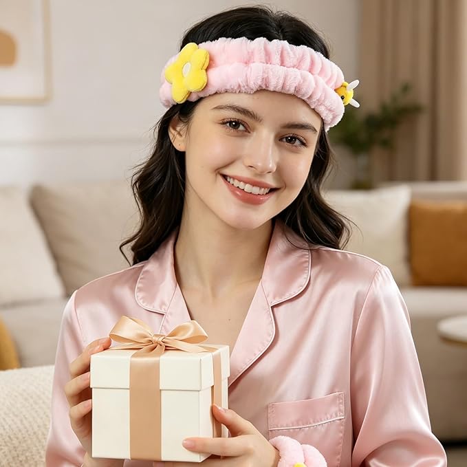 PERFECTSIGHT Kawaii Headband for Spa, Makeup, Washing Face, Party - 2 Pack Cute Hair Band for Shower Beauty Skincare, Soft Facial Headbands for Girls and Women (Pink Flower Bee)