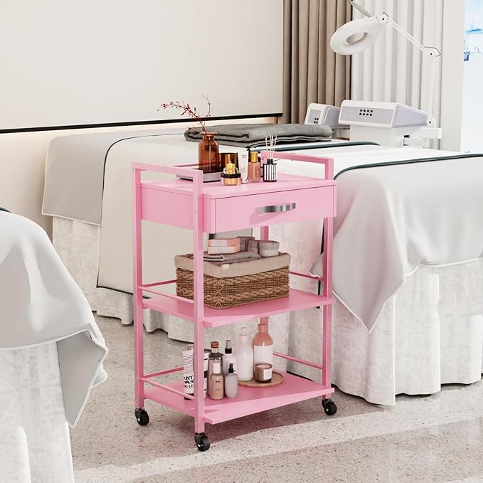 Salon Trolley Cart for Beauty SPA, Wooden Rolling Storage Station, Mobile Utility Cabinet with 1 Drawer 2 Trays, Medical Esthetic Supply Holder for Massage Tattoo Facials, Pink