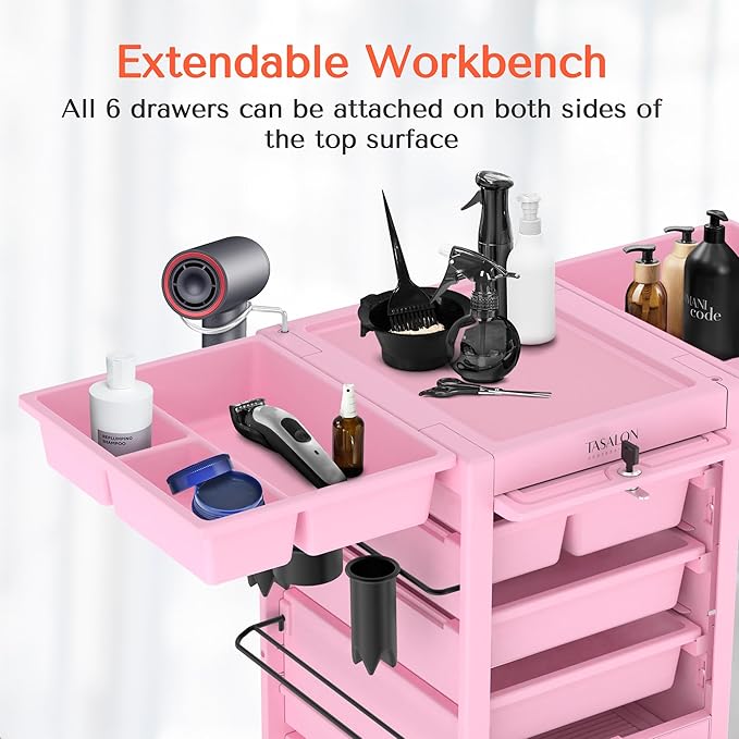 TASALON Pink Lockable Salon Cart with Wheels, Beauty Salon Station Trolley with 6 Drawers & Heat-Resistant Tool Holders, Rolling Barber Organizer for Hair Stylist, Spa & Tattoo Studio