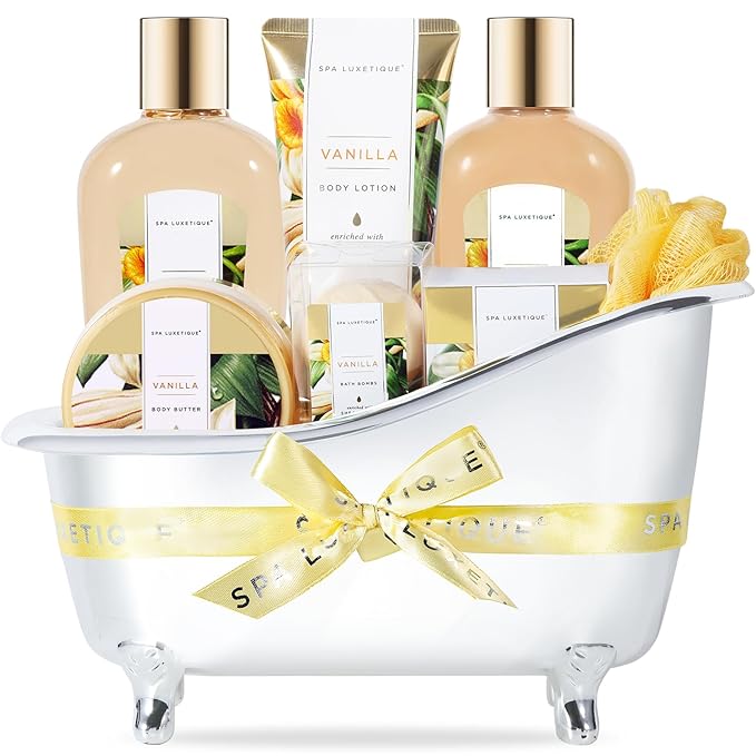 Gift Baskets for Women, Spa Luxetique 8 Pcs Vanilla Mothers Day Gifts for Mom, Birthday Bath and Body Set, Self Care Kit for Her, Including Bubble Bath, Shower Gel, Body Lotion