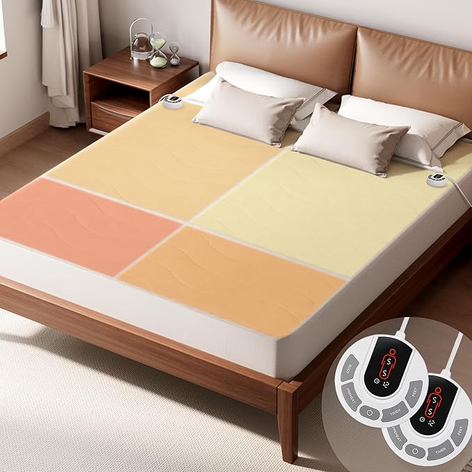 GOTCOZY Multi-Zone Heated Mattress Pad King Size - Electric Mattress Pad Fit up to 15" with 10 Heat Setting & 12 Hour Auto Off, Independent Body & Feet Heating, Machine Washable（Bleach）