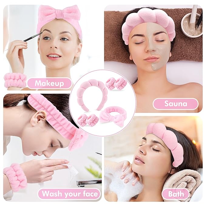 Zkptops 6Pcs Spa Headband for Washing Face Wristbands Set Women Bubble Makeup Sponge Terry Cloth Padded Puffy Skincare Headband Bow Tie Hairband Cute Non Slip Thick Hair Accessory Gifts(Pink)