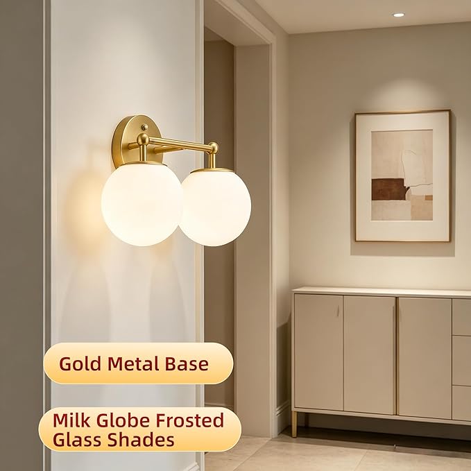AKEZON Gold Bathroom Light Fixtures, 2-Light Vanity Lights Over Mirror Wall Sconce with Milky White Frosted Glass Shade, Mid Century Farmhouse Vanity Lighting for Bedroom Hallway