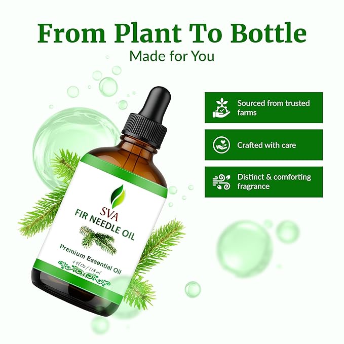 SVA Fir Needle Essential Oil – 4 Fl Oz – 100% Natural Fir Needle Oil - for Diffuser, Hair Care, Face, Skin Care, Aromatherapy, Scalp and Body Massage, Soap and Candle Making – with Dropper