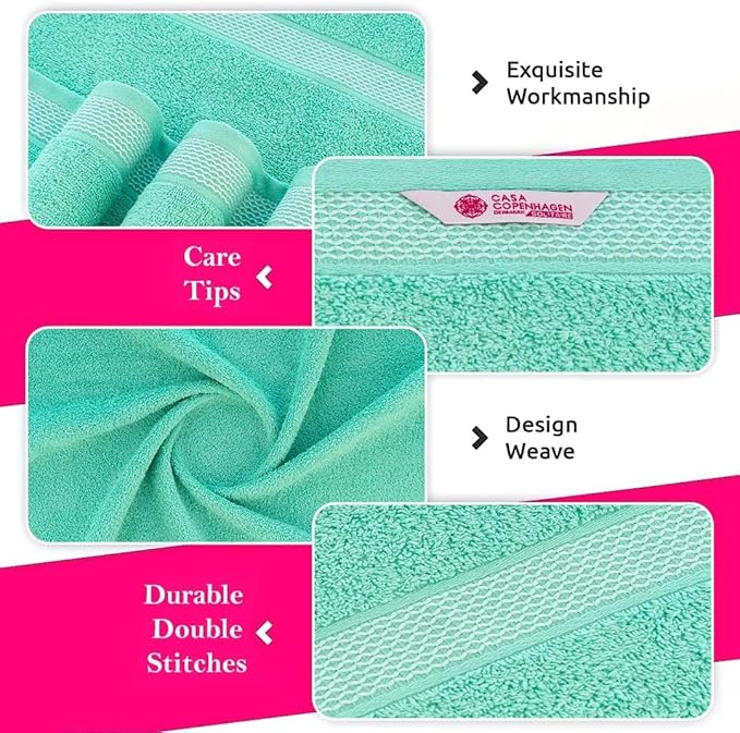 CASA COPENHAGEN Solitaire 6Pcs 100% Egyptian Cotton Large Designer Towels Gift Set- Blue-Green, 600GSM, 2Bath 2Hand 2Washcloths, Bath Towels for Bathroom Set for Women & Men