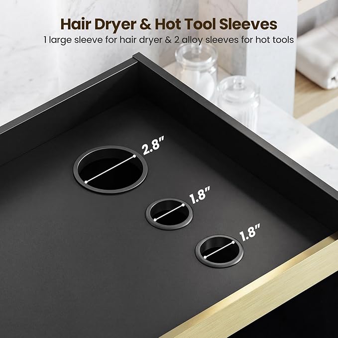 Salon Storage Cabinet Barber Station, Freestanding Hair Styling Station with 3 Drawers, 3 Hot Tool Holders & Open Shelves, Beauty Salon Spa Equipment