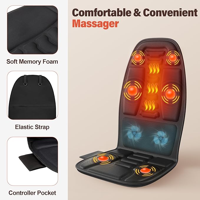 Back Massager with Heat, Cooling Back Massager for Chair, Chair Massager for Full Body Massage, Deep Tissue Vibration Pad with 6 Vibration Nodes, Jet-Black