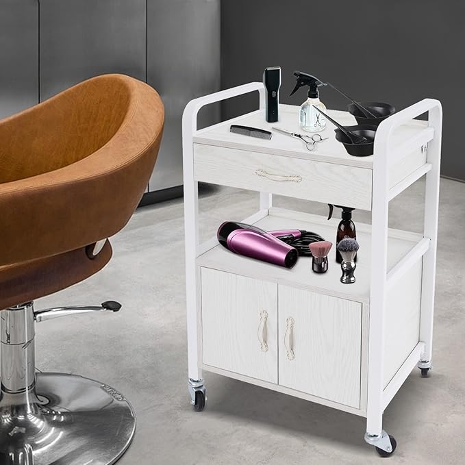 Salon Cart,Salon Storage Cart with Drawers, 4 Wheels and Handles, Movable Beauty Organizer, Salon Trolley for Beauty Salons, Barber Shops, Nail Salons, Spas (White)