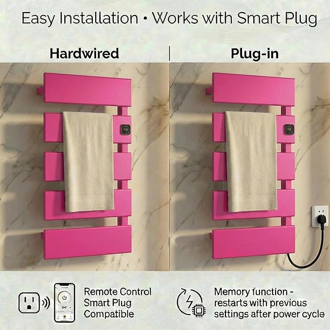 Electric Towel Warmer, Heated Towel Rack with Thermo Control and Timer, Fast Heating Towel Rail for Bathroom with Memroy Function, Work with Smart Plug, Right-Wiring, 5 Panel, Pink