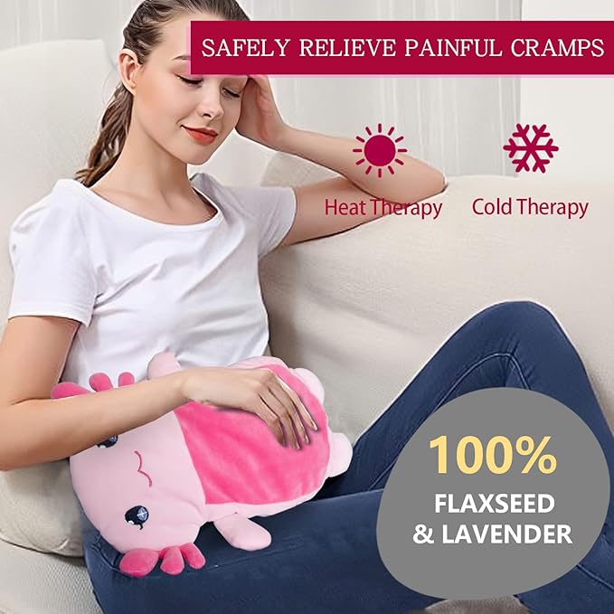 Microwave Heating Pad for Pain Relief, 13" x 10" Microwavable Heating Pads for Cramps, Back Pain, Neck Shoulder, Muscles, Knee, Joints, Natural Heat Pack Moist Heat, Pink Axolotl