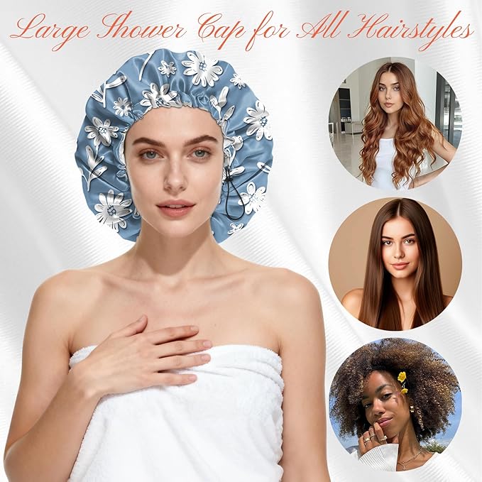 Shower Cap Reusable Double Layer Adjustable Elastic Waterproof EVA Hair Bath Caps for Women Girls Cute Aesthetic-White Flower
