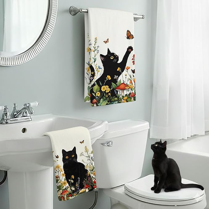 Accnicc 2 Pack Black Cat Bathroom Hand Towels Decorative Spring Floral Dish Kitchen Towel 16x27 Inch Botanical Butterfly Mushroom Wildflowers Absorbent Soft Microfiber Bath Towels Hotel Spa Decor