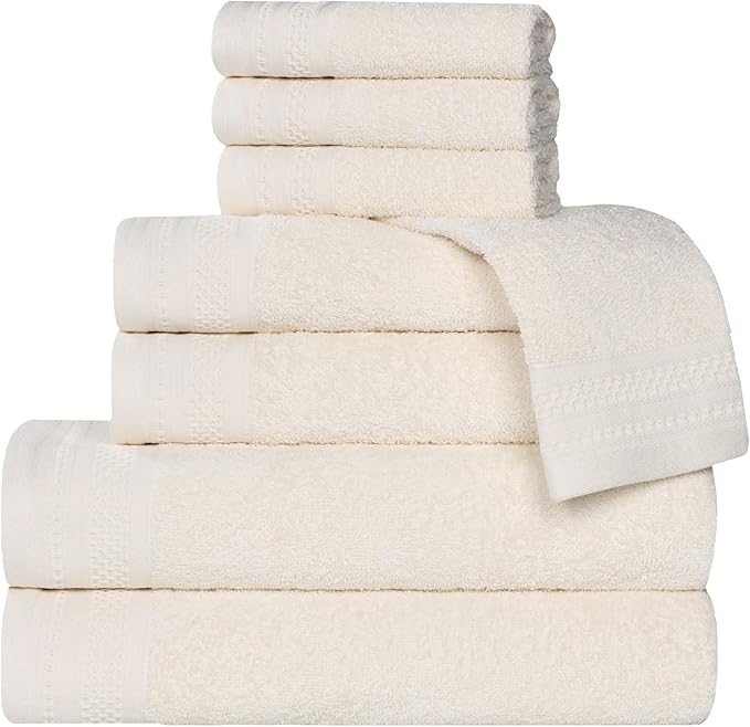 Superior Honeycomb Cotton Medium Weight Towels, for Guest Bath, Master Bathroom, Shower, Quick Dry, Adults, Home Essentials, Textured Waffle Border, Assorted Towel Set, 8 Piece Towel Set, Ivory