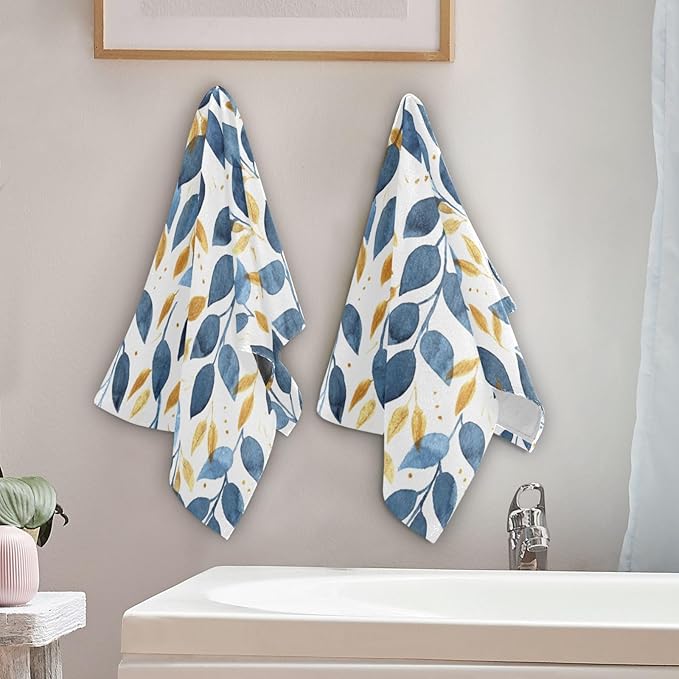Blue and Gold Leave Branches Hand Towels for Bathroom Set of 2,Watercolor Navy Golden Leaf Decorative Bathroom Towels for Bath,Face,Hair,Soft Absorbent Dish Towels for Kitchen Decor 28"x14"