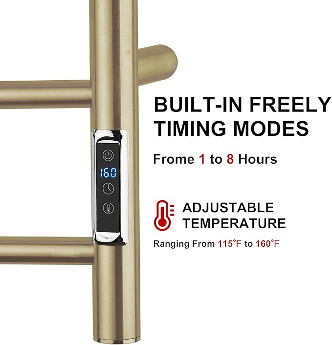 Heated Towel Racks for Bathroom, Wall Mounted Electric Towel Warmer Racks with Timer & Temperature Control, 10 Bar Stainless Steel Towel Heater for Bathroom (Round-Brushed Gold, 10 Bars)