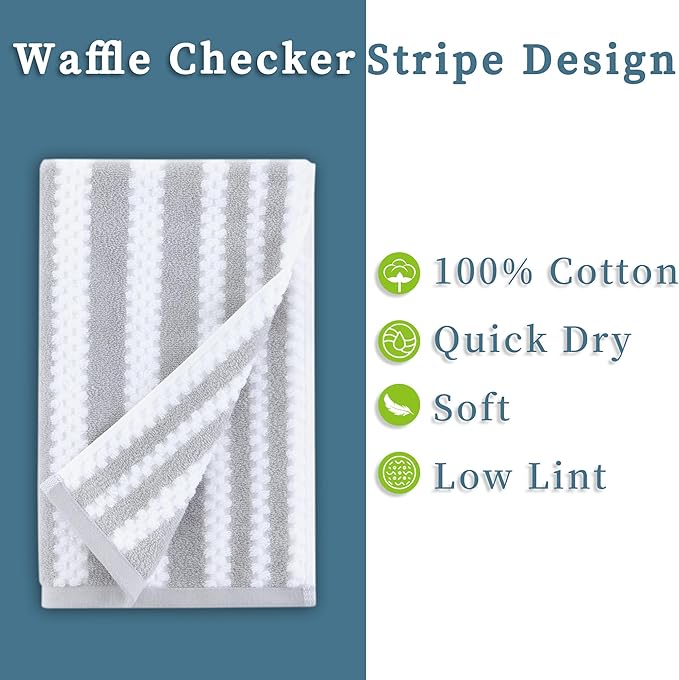 VOOVA & MOVAS Bathroom Hand Towels, 4PC 16"x27" - 100% Cotton | Soft | Quick Dry | Absorb | Lightweight, Waffle Striped Bathroom Hand Towels Decorative Set, Gray and White Towel Gift Set