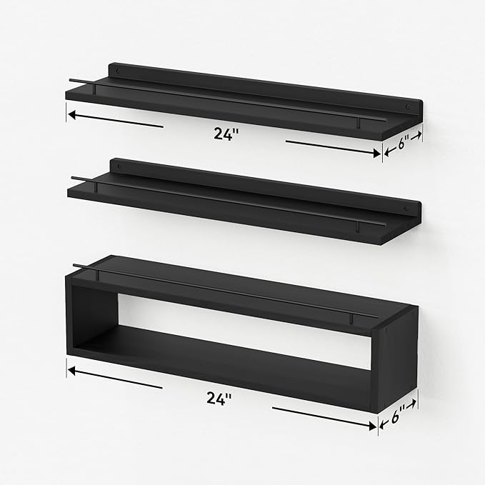 WOPITUES Floating Shelves for Wall 24 inch with Cube Shelf, Wall Shelves with Metal Rail for Decor, Bathroom Organizers and Storage, Over Toilet Shelves for Bathroom, Toilet Paper-Black