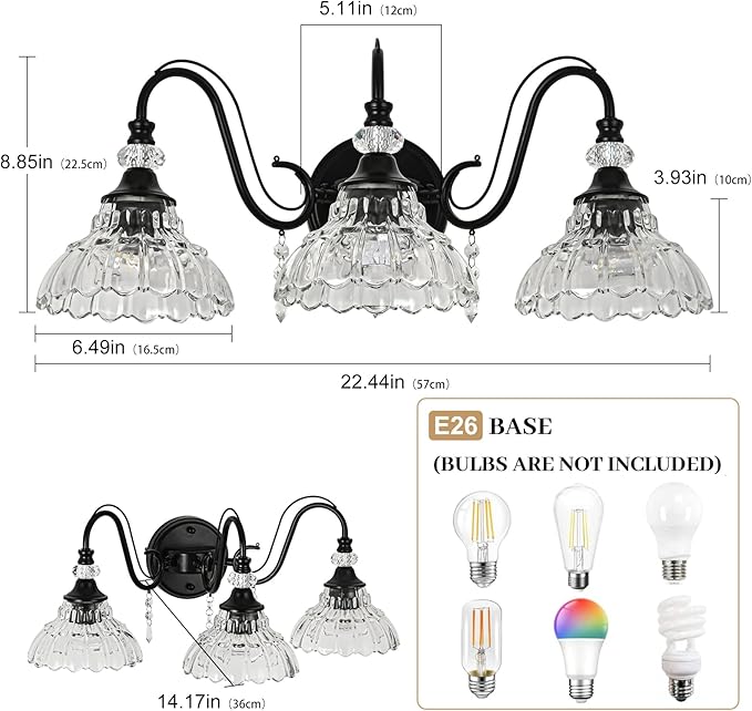 Black Bathroom Vanity Light, 3-Light Matte Black Finish Farmhouse Wall Sconce with Hanging Crystal Accents and Flower-Shaped Clear Glass Shades, Retro Wall Mount Vanity Light Over Mirror for Bathroom