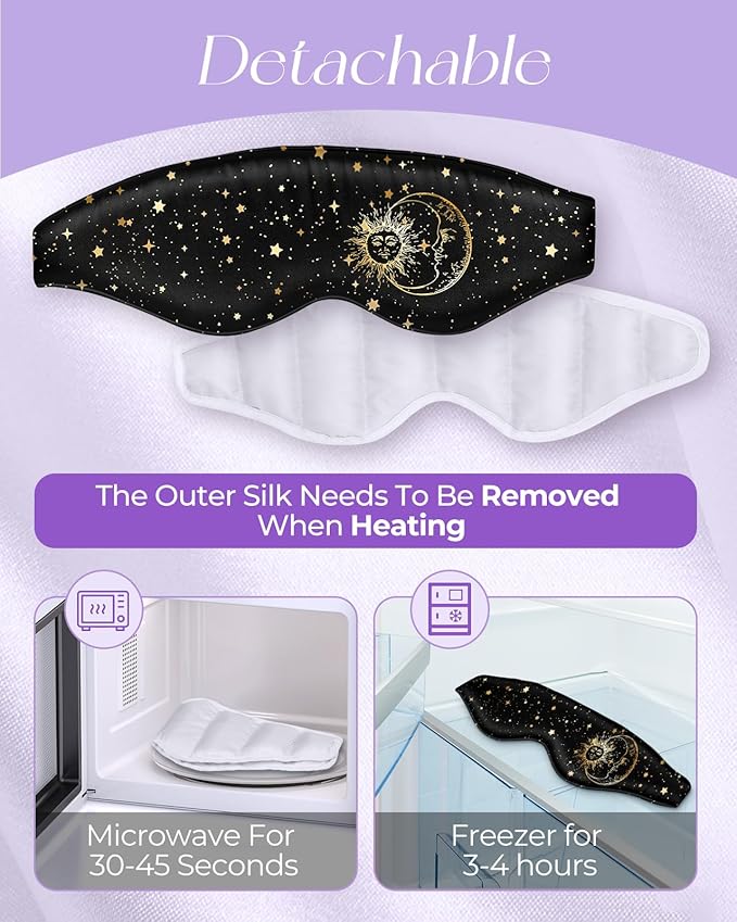 Miss Adola Silk Weighted Eye Mask - Microwave Eye Mask Heat and Cold Warm Compress for Sleeping Dry Eyes Pillow Soft Smooth Lavender Mulberry Silk Sleep Mask for Women Wife Mom - Black Sun Moon