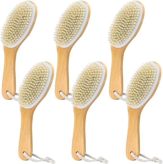 6 Pack Dry Brushing Body Brush, Soft Natural Bristle Exfoliating Dry Brush with Contoured Wooden Handle for Lymphatic Drainage Cleaning Body Skin Care