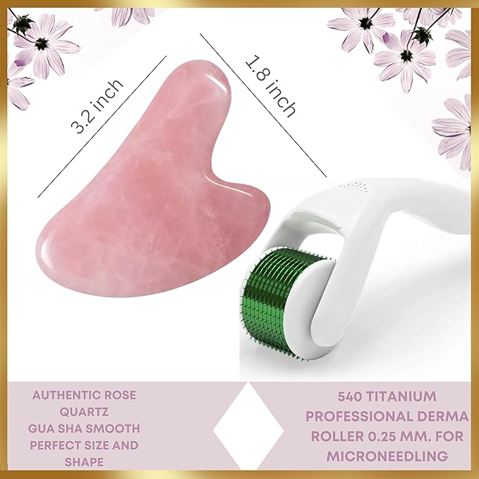 100% Authentic Rose Quartz Jade Roller and Gua Sha Set for face. Premium Quality Complete Kit. Facial Tools. Microneedle Derma Roller. Natural Facial Gift Set Women (Pink, 4 PCS)