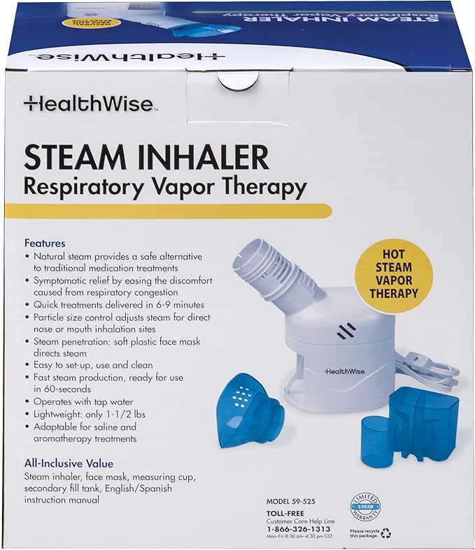 HealthWise Steam Inhaler Respiratory Vapor Therapy | Sinus Pressure, Congestion, Colds & Cough Relief | Facial Steamer, Steam Inhaler, FSA Eligible, Vaporizer or Vocal Steamer | Mask for Cleansing