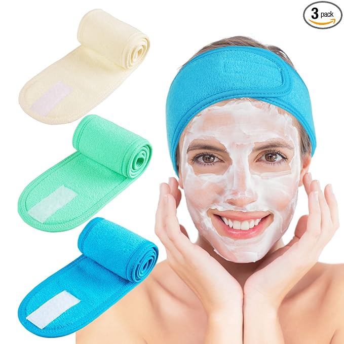 Whaline Spa Facial Headband Make Up Wrap Head Terry Cloth Headband Adjustable Towel for Face Washing, Shower, 3 Pieces (Blue, Green, Yellow)