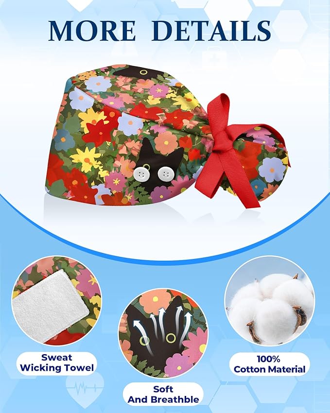 Plifal 100% Cotton Scrub Cap with Buttons-Nurse Cap with Sweatband for Women, Adjustable Working Hat,Satin Lined or Unlined